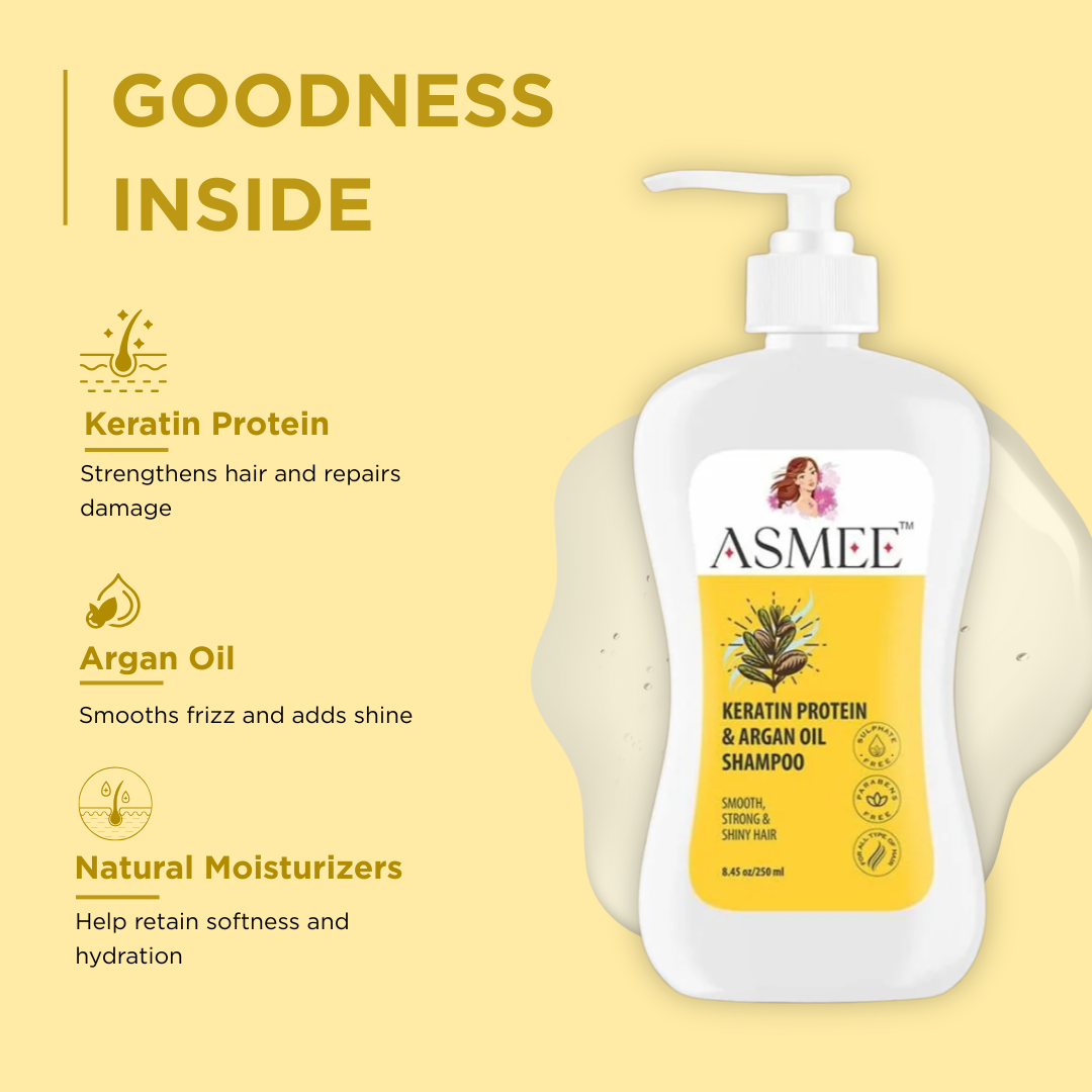 Asmee Keratin Protein & Argan Oil Shampoo β Smooth, Strong, Shiny & Paraben-Free Hair Formula (250ml)
