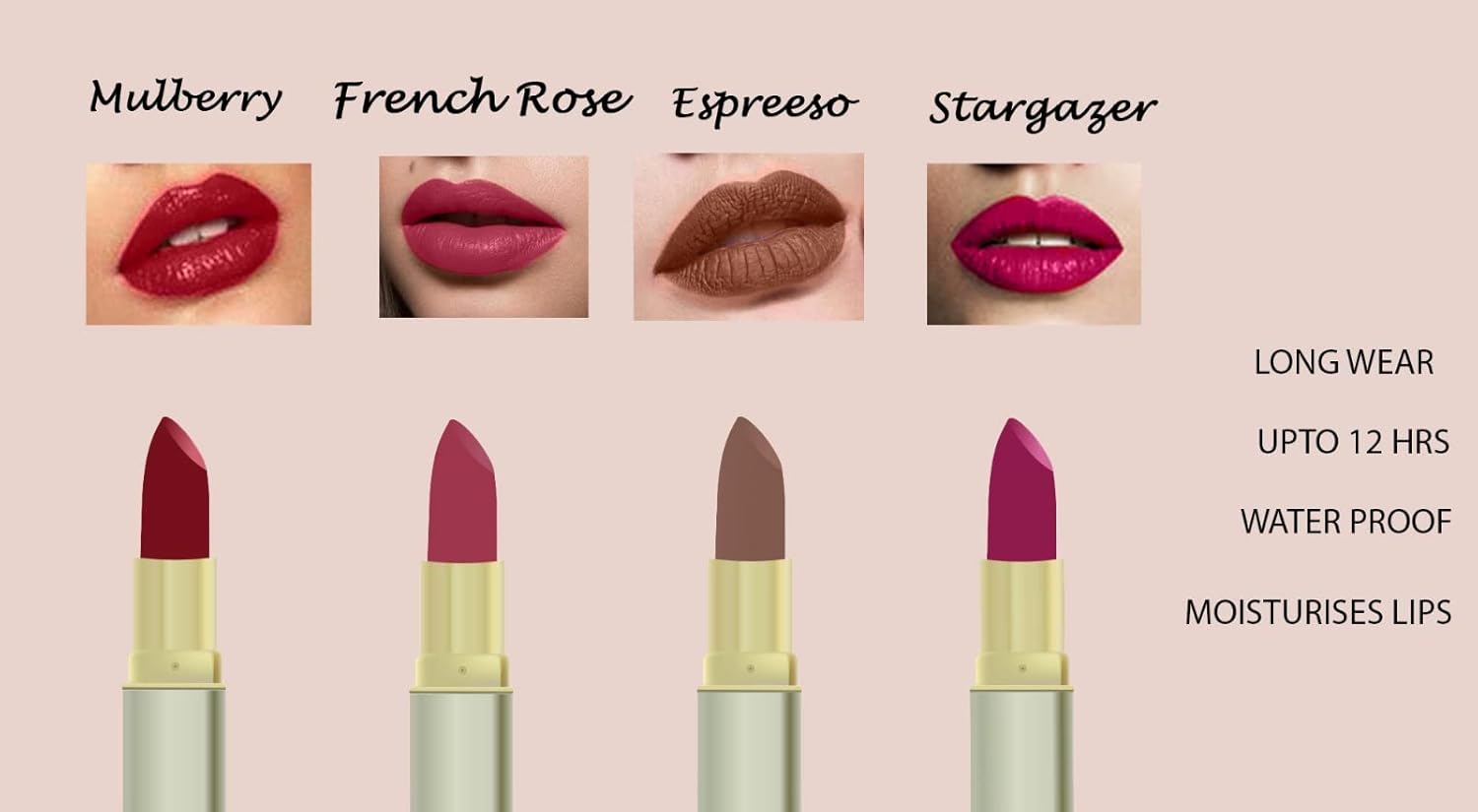 Stargazer, Mulberry,Espreeso,French rose lipstick pack of 4