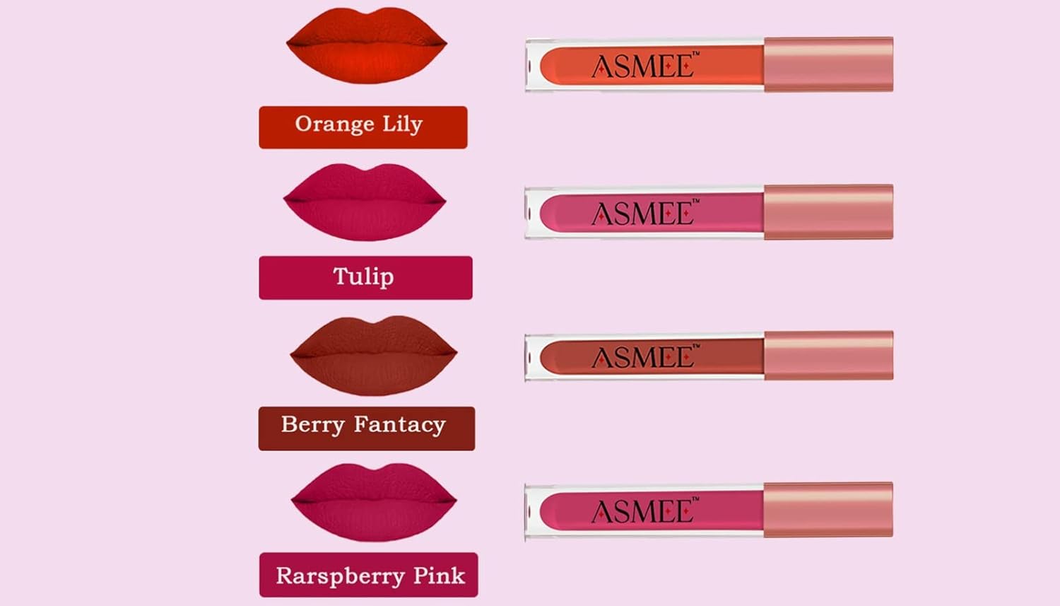 Liquid Matte Lipstick Combo Pack - of 4 (Orange Lily Tulip Raspberry Pink Berry Fantasy)