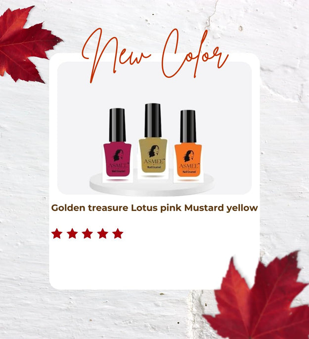 Golden Treasure Classic Nailpolish, Lotus Pink Premium Nailpolish, Mustard Yellow Gel Nailpolish – Pack of 3