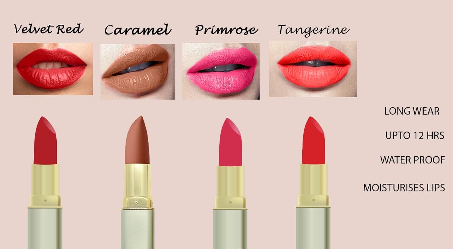 Velvet red, Tangerine, Caramel,Primrose lipstick pack of 4