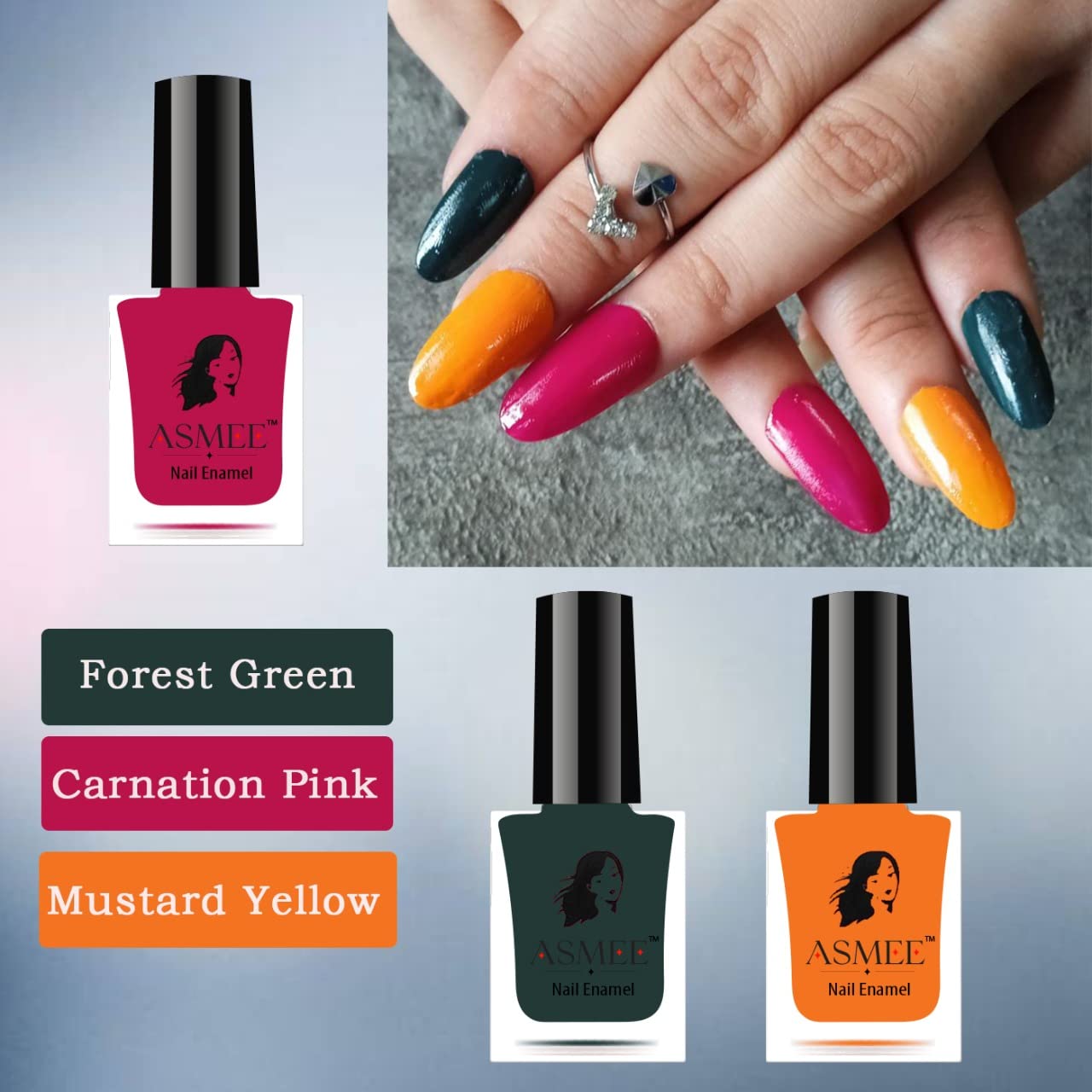 Premium Gel Nail Polish Combo Pack of 3( Forest Green, Carnation Pink ,Mustard Yellow)