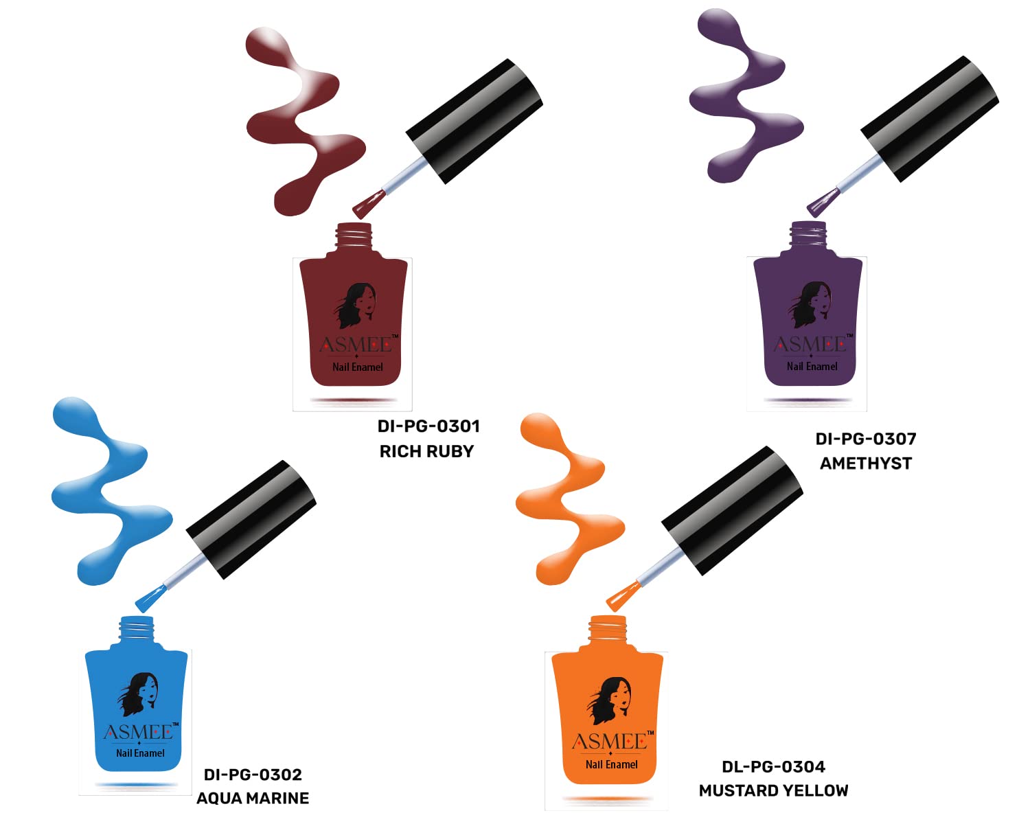 Premium Gel Nail Polish (Rich ruby, Amethyst, Aqua marine, Mustard yellow) Combo of 4