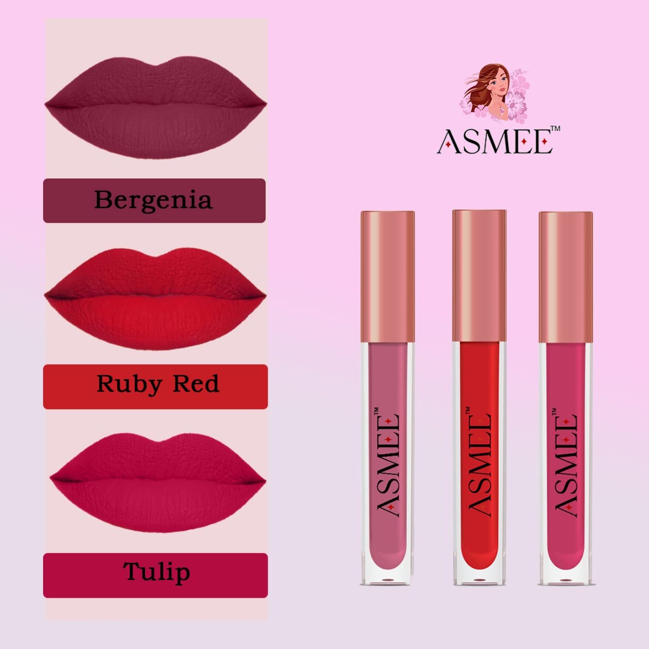 Matte Liquid Lipstick Combo of 3 (Bergenia Ruby Red Tulip)