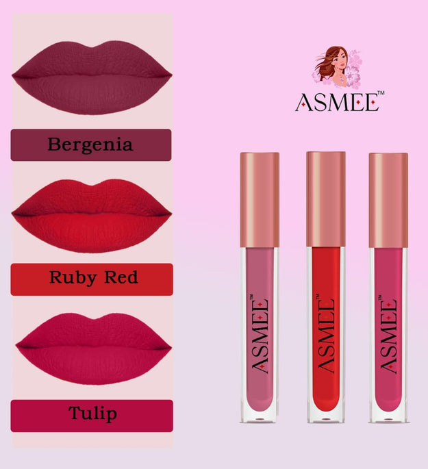 Matte Liquid Lipstick Combo of 3 (Bergenia Ruby Red Tulip)