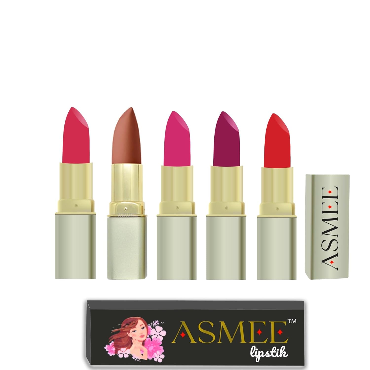 Glossy Lipstick ( Pack Of 5 ) (Pink Orchid, Tangerine,Caramel,Stargzer,Primrose)