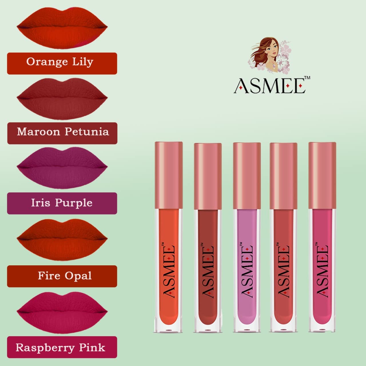 Matte Liquid Lipstick Lip Colour Combo of 5 (Orange lily, Maroon Petunia, Iris Purple, Fire Opal, Raspberry Pink)