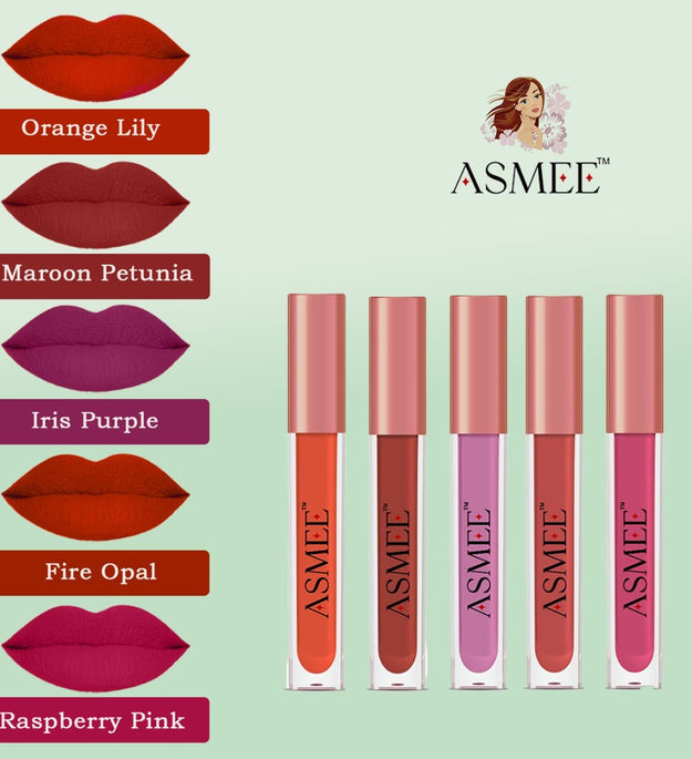 Matte Liquid Lipstick Lip Colour Combo of 5 (Orange lily, Maroon Petunia, Iris Purple, Fire Opal, Raspberry Pink)