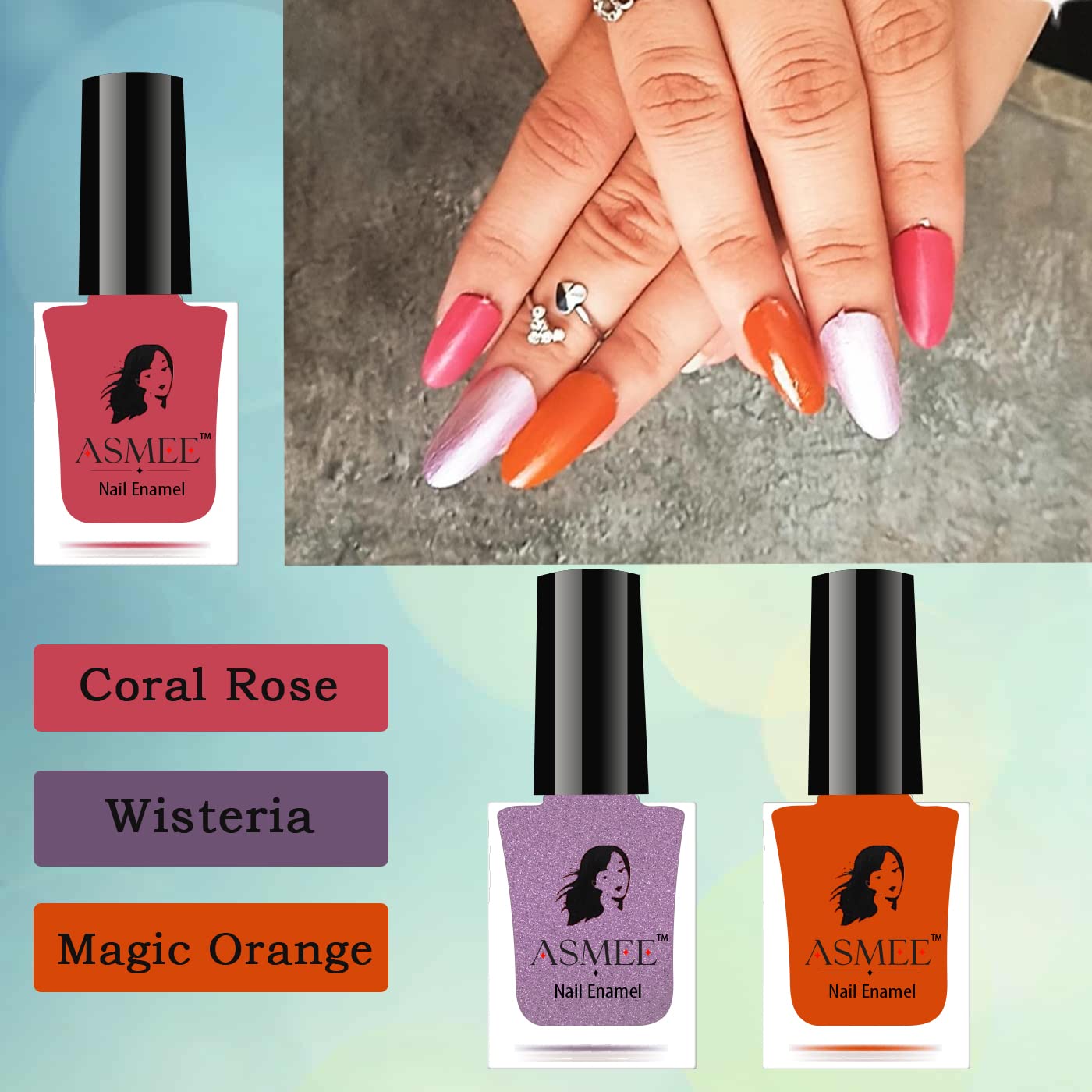 Classic Nail Polish Combo pack of 3 (Coral Rose, Wisteria, Magic Orange)