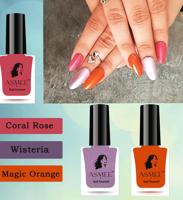 Classic Nail Polish Combo pack of 3 (Coral Rose, Wisteria, Magic Orange)