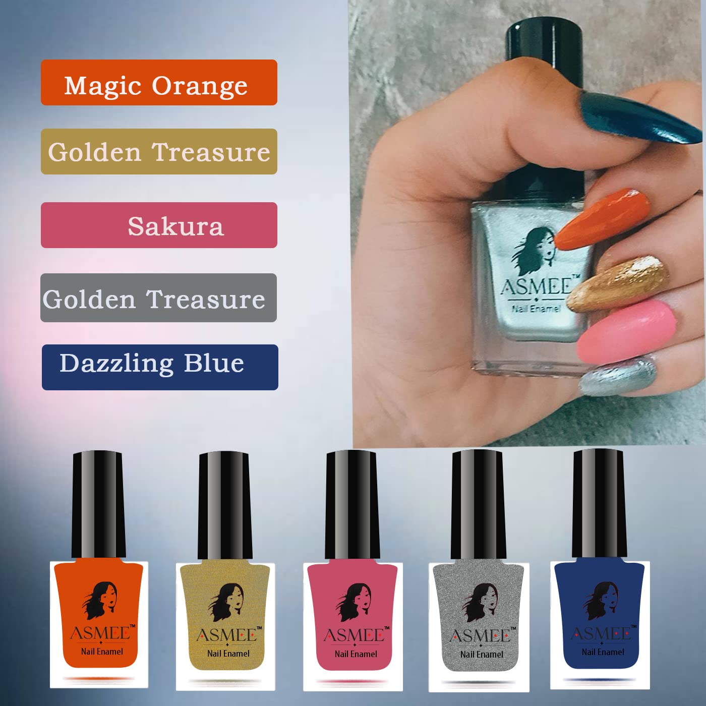 Classic Nail Polish Combo Pack of 5(Roman Silver, Sakura, Golden Tresure,Dazzling Blue, Magic Orange)