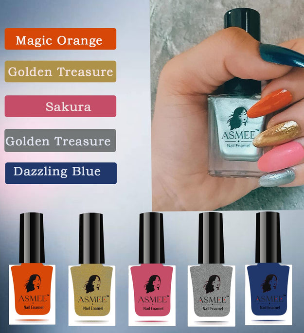 Classic Nail Polish Combo Pack of 5(Roman Silver, Sakura, Golden Tresure,Dazzling Blue, Magic Orange)