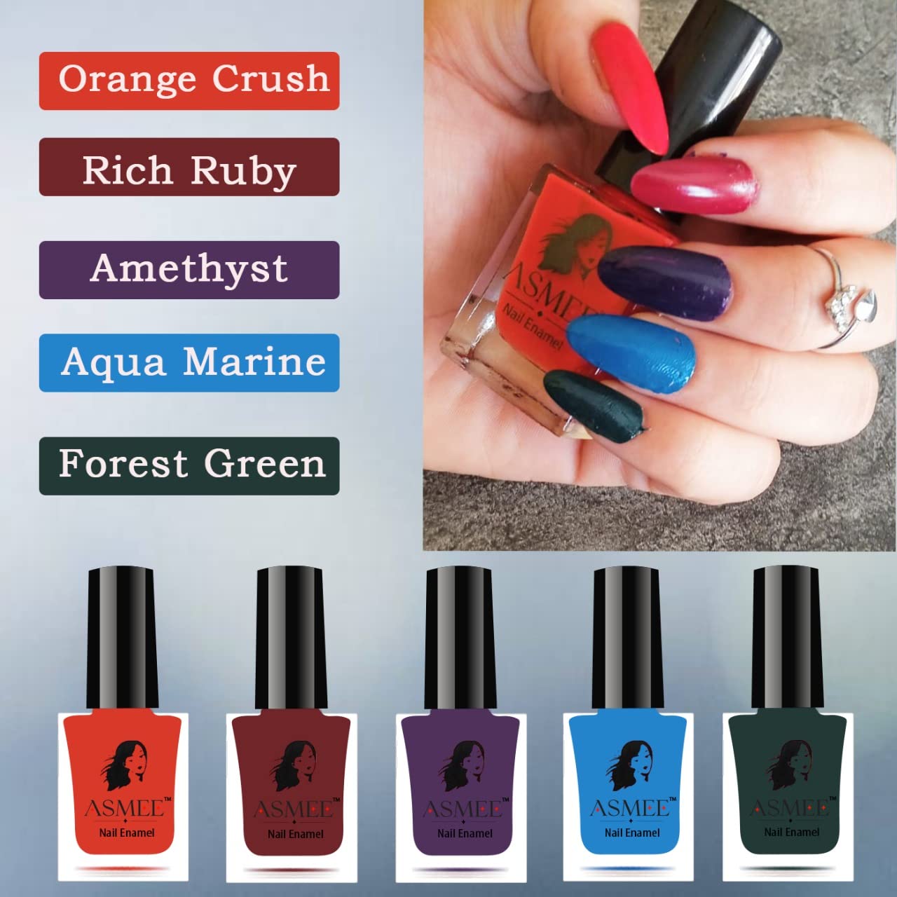 Premium Gel Nail Polish Pack Of 5 (Orange Crush ,Rich Ruby, Aqua Marine ,Forest Green ,Amethyst)