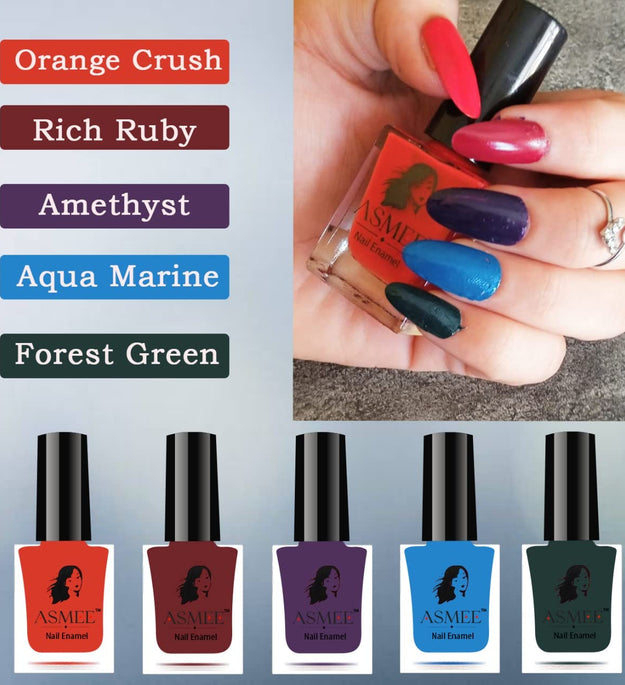 Premium Gel Nail Polish Pack Of 5 (Orange Crush ,Rich Ruby, Aqua Marine ,Forest Green ,Amethyst)