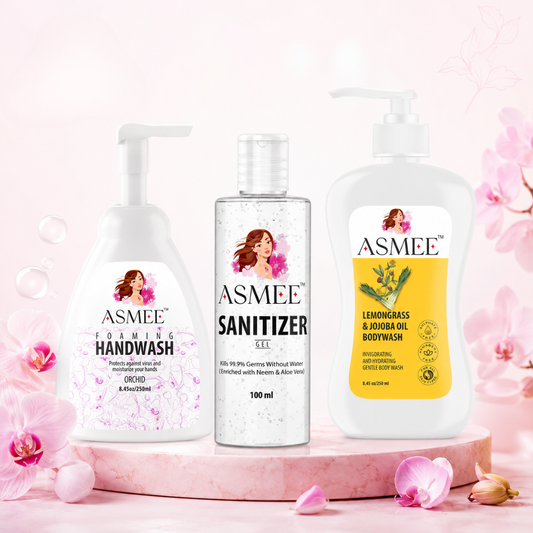 ASMEE Complete Freshness Care Combo | Orchid Handwash, Lemongrass & Jojoba Bodywash + Sanitizer Gel