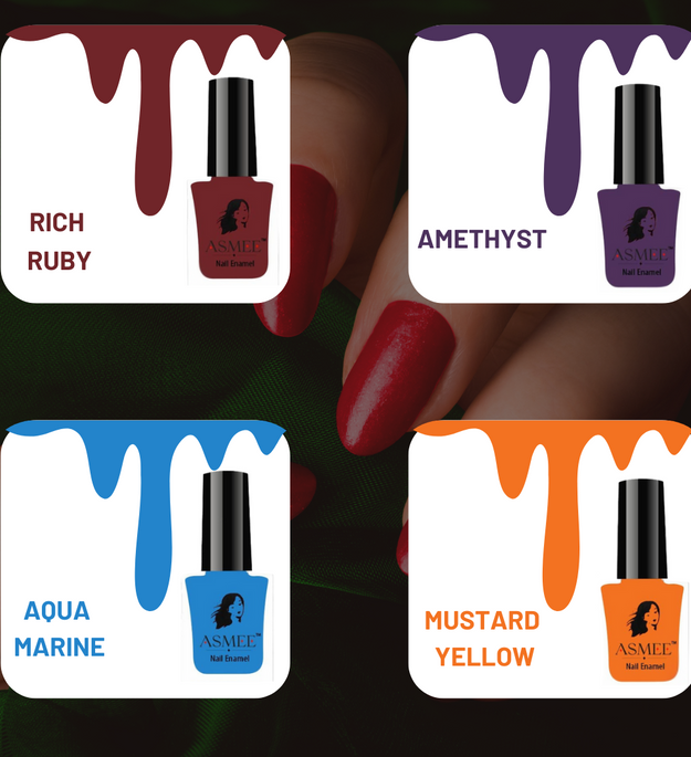 Premium Gel Nail Polish (Rich ruby, Amethyst, Aqua marine, Mustard yellow) Combo of 4