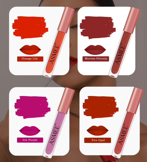 Matte Liquid Lipstick Combo of 4 (Orange Lily, Maroon, Iris Purple & Fire Opal)