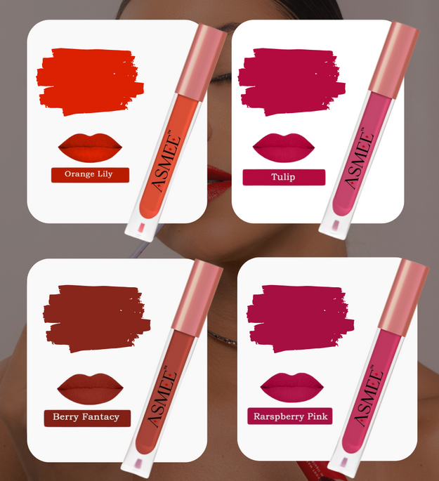Liquid Matte Lipstick Combo Pack - of 4 (Orange Lily Tulip Raspberry Pink Berry Fantasy)
