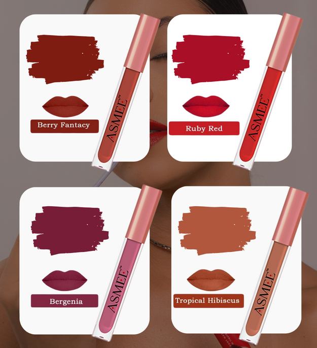 Matte Liquid Lipstick Combo of 4 (Berry Fantasy, Ruby Red, Hibiscus & Bergenia)